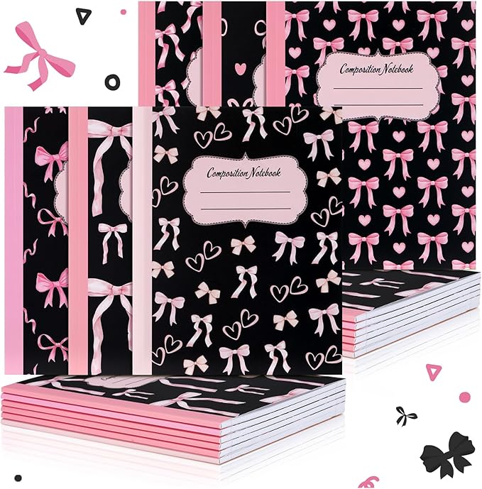 Fullhawl 6 Pack Composition Notebook College Ruled Bulk Black Pink Bow by Fullhawl