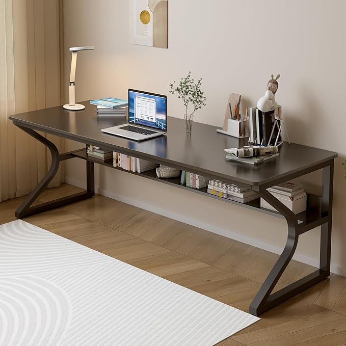 Extra Long Desk with Bookshelf - 71" Double Long Writing Table for 2-Person Workstation, Modern Study Work Computer Desk for Home and Office, Black-DeskLoop Office