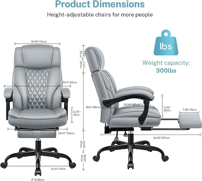 Executive Leather Office Chair, Big and Tall Desk Chair with Footrest Home Office Desk Chairs, Ergonomic Computer Desk Chair with Lumbar Support, Reclining Chair with Adjustable Angle-DeskLoop Office