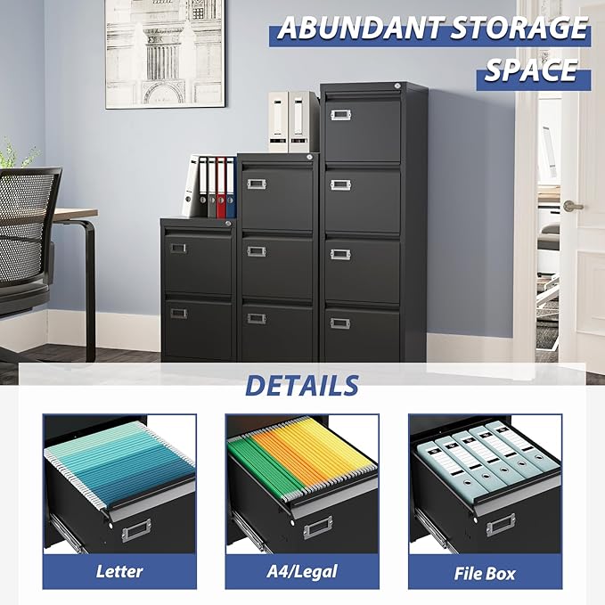 2 Drawer File Cabinet, Filing Cabinets for Home Office, Metal Vertical File Storage Cabinet with Lock, Locking File Cabinet for A4 Legal/Letter, 15.1" W x 17.7" D x 28.7" H, Assembly Required-DeskLoop Office