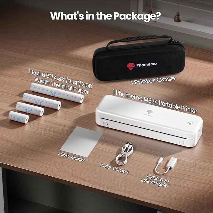 Phomemo Portable Printers Wireless for Travel [Upgraded],M834 Bluetooth Thermal Printer 8.5" x 11"& A4 Size,Inkless Mobile Printer with Carry Case for Travel,Office,School,Car,Home,White-DeskLoop Office