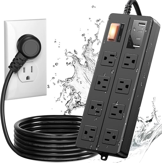 IPX6 Outdoor Power Strip Weatherproof, Waterproof Surge Protector with 8 Wide Outlet with 2A2C USB Ports, 10FT Long Extension Cord, Wall Mountable for Outside Decorations and More UL Listed(Black)-DeskLoop Office
