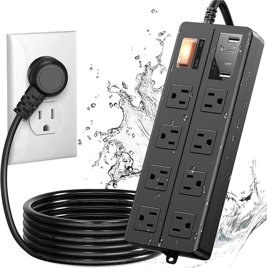 IPX6 Outdoor Power Strip Weatherproof, Waterproof Surge Protector with 8 Wide Outlet with 2A2C USB Ports, 10FT Long Extension Cord, Wall Mountable for Outside Decorations and More UL Listed(Black)-DeskLoop Office
