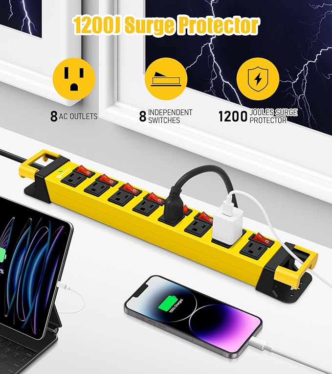 Heavy Duty Power Strip with Individual Switches,8 Outlets 14 Gauge Industrial Shop Garage Metal Multiple Outlets,1200J Surge Protector Mountable Power Strip,10FT Extension Cord Management(Yellow)-DeskLoop Office