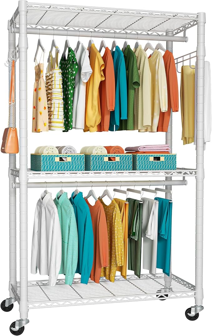 P1 Heavy Duty Garment Rack, 3 Tiers Adjustable Rolling Metal Closet Organizer with Lockable Wheels, FreeStanding Wardrobe with Double Hanger Rods & 1 Pair Hooks, Max Load 450 LBS, White-DeskLoop Office