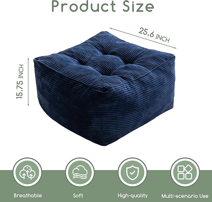 HIGOGOGO Square Stuffed Pouf Ottoman, Corduroy Poufs with Foam Chunk Filling, Furry and Fluffy Pouf Foot Stool Storage Ottoman, 25.6 X 25.6 Floor Poufs Foot Rest for Living Room, Navy-DeskLoop Office