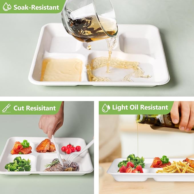 Compostable 5 Compartment Plates Disposable, 10.25 x 8.25 inch, 125 Pack - Image 6