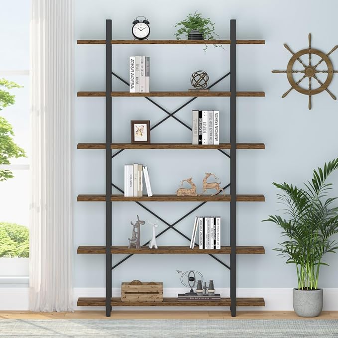 HSH 6 Shelf Tall Bookcase, Industrial Modern Large 6 Tier Bookshelf, Open Wood and Metal Display & Storage Rack,Farmhouse Bookcases and Book Shelves 6 Shelf for Bedroom Living Room Office,Rustic Brown-DeskLoop Office