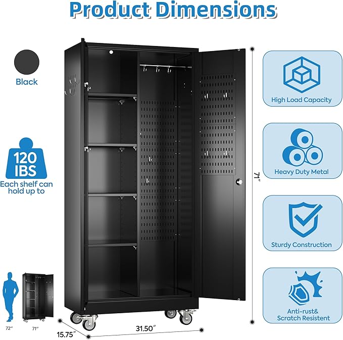 Garage Storage Cabinet with Wheels, Metal Tool Cabinet with Pegboards and 4 Adjustable Shelves, Garage Storage System with Lockable Door for Shools, Offices, Gyms and Pantries, Black-DeskLoop Office