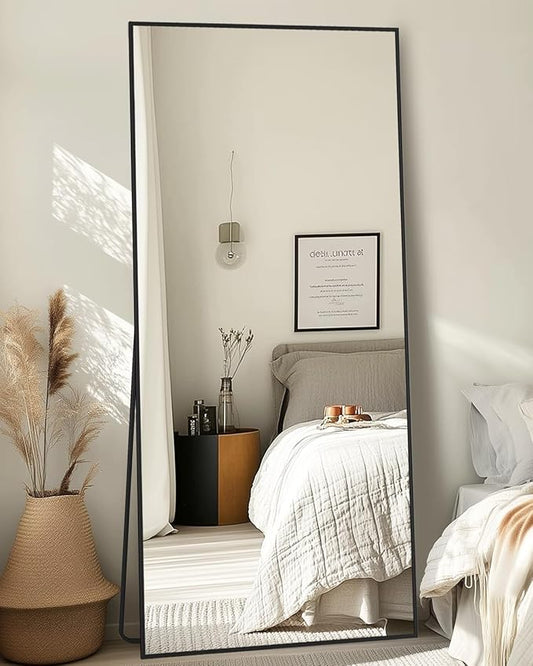Full-Length Floor Mirror with Stand, 58"x18" Rectangle Style Full Body Standing Mirror for Bedroom, Living Room, Gym, Dorm - Shatter-Resistant & Easy Assembly, Black-DeskLoop Office