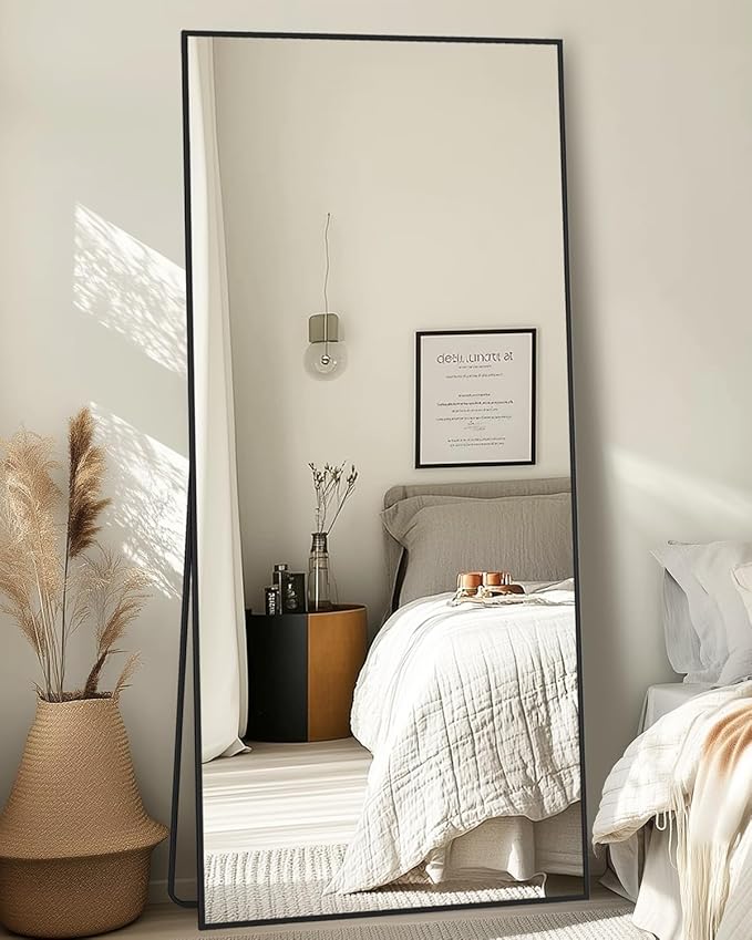 Full-Length Floor Mirror with Stand, 59"x16" Rectangle Style Full Body Standing Mirror for Bedroom, Living Room, Gym, Dorm - Shatter-Resistant & Easy Assembly, Black-DeskLoop Office