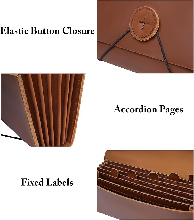 Genuine Leather A6 Receipt Organizer, Leather Expanding Accordion File Folder - Image 3
