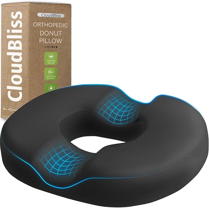 CloudBliss Donut Pillow Seat Cushion for Tailbone Pain Relief and Hemorrhoids, Memory Foam Seat Chair Cushion for Postpartum Pregnancy, Seat Cushions for Men and Women for Home & Office, (Grey-XL)-DeskLoop Office