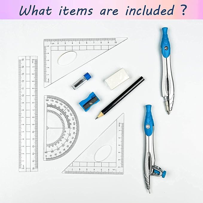 Lifreer Geometry Set,10 Pcs Protractor and Compass Set, Math and Ruler Set for Students, Class Supplies, and School - Essential Compass Geometry Tools for Precision and Quality (Blue)-DeskLoop Office
