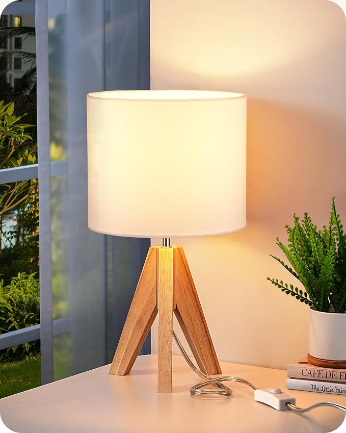 EDISHINE Small Cute Table Lamp, Wood Tripod Nightstand Lamp, Mid Century by EDISHINE