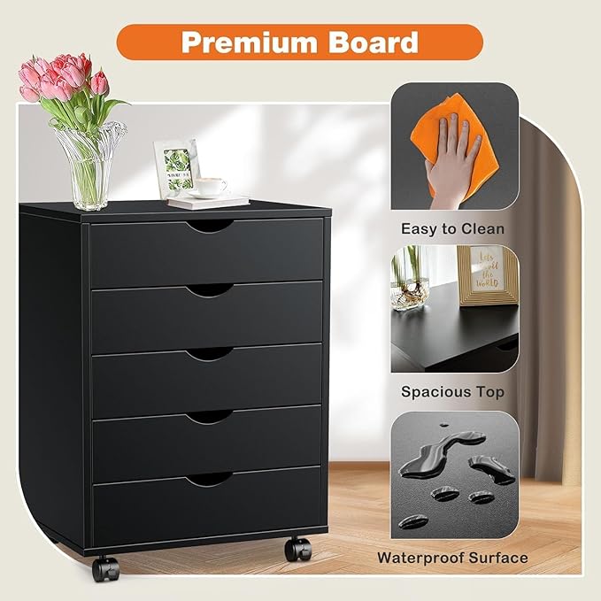 5 Drawer Chest, Dressers Storage Cabinets Wooden Dresser Mobile Cabinet with Wheels Room Organizer, Small Drawers Wood Organization Furniture for Office, Home-DeskLoop Office