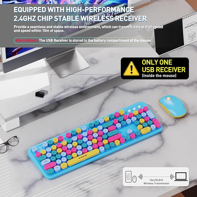 Keyboard and Mouse Wireless,Cute Retro Wireless Keyboard Mouse Combo with Round Key,2.4Ghz Dropout-Free Connection,Typewriter Wireless Keyboard Mouse Set for PC Laptop Desktop Computer-Blue Colorful-DeskLoop Office