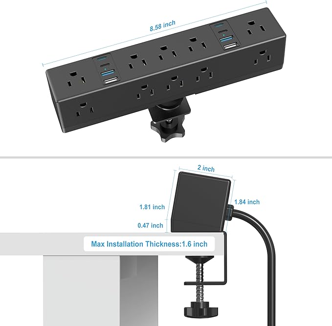 40W Fast Charging Station, VILONG Desk Clamp Power Strip, Desktop Mount Surge Protector, 8 USB Ports(4 USB-C), 10 AC Outlets and 6Ft Cord, for Home, Office, Fit 1.6" Tabletop Edge-DeskLoop Office