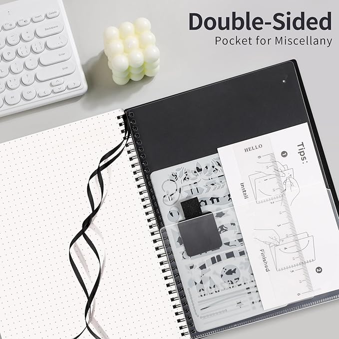 AHGXG Bullet Dotted Journal - Dot Grid Spiral Notebook 8.5" x 11", A4 Large Dotted Notebook, 100 GSM Thick Paper, Waterproof Plastic Cover Journals for Bullet Journaling, Sketching, Black-DeskLoop Office