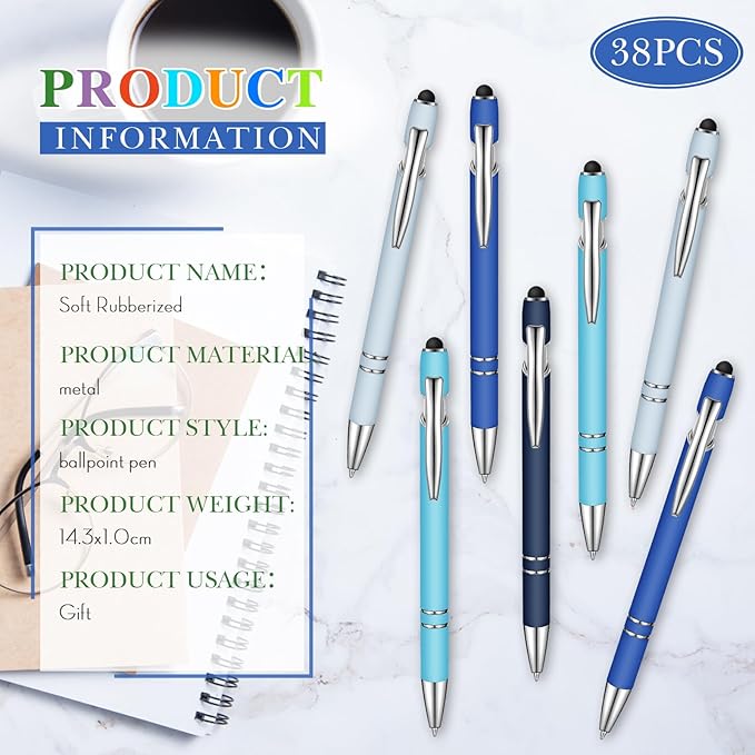 Zonon 38 Pieces Rubberized Ballpoint Pen with Stylus Tip Stylish Metal Pen Capacitive Styli with Soft Rubberized Grip, Black Ink for Most Devices (Blue Series)-DeskLoop Office