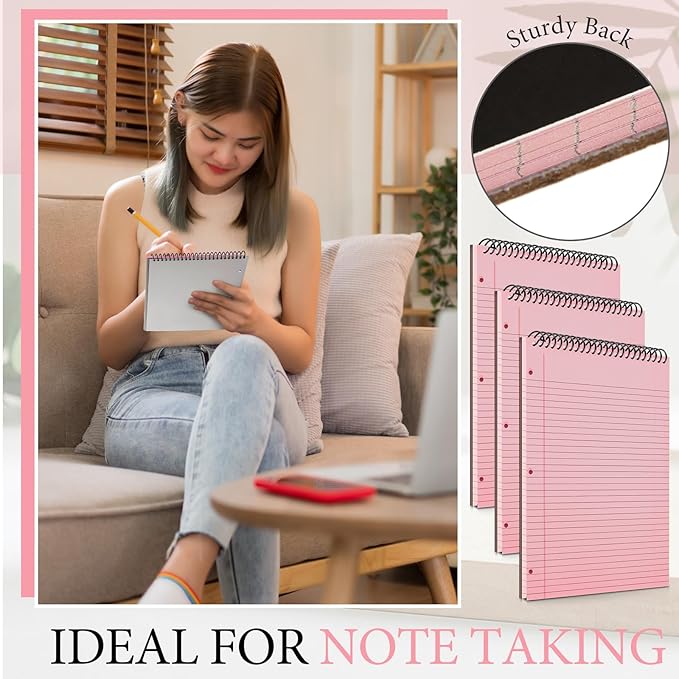 3 Packs 8.5" x 11" Top Spiral Notebook with 3 Hole Punched Legal Pads College Ruled Notepad 50 Sheets Hard Cardboard Paper Wirebound Notepad for Office School Business (Pink)-DeskLoop Office