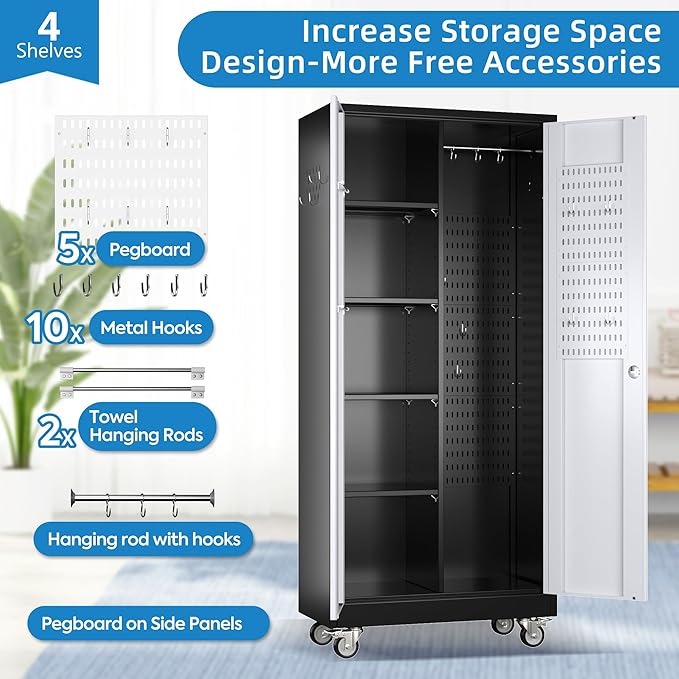 Garage Storage Cabinet with Wheels, Metal Tool Cabinet with Pegboards and 4 Adjustable Shelves, Garage Storage System with Lockable Door for Shools, Offices, Gyms and Pantries, Black and White-DeskLoop Office