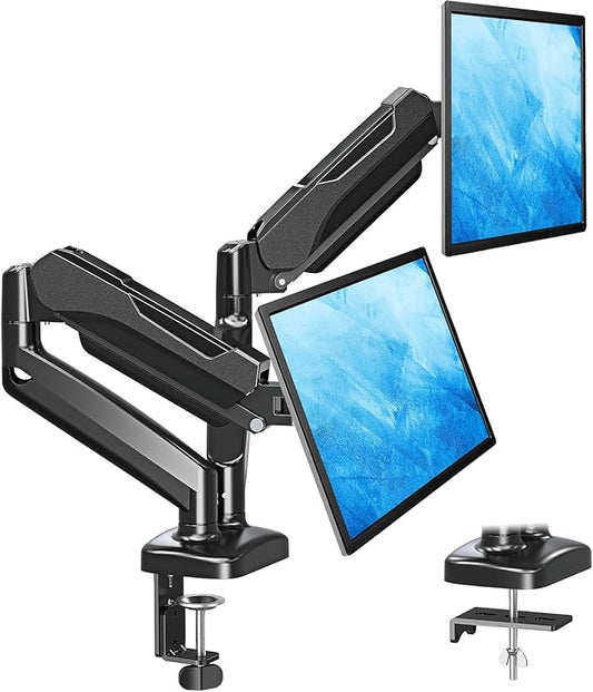 MOUNTUP Dual Monitor Stand for Desk, Pneumatic Monitor Arms for 2 Monitors Max 32 Inches, Height Adjustable Double Monitor Mount, VESA Mounts with C-Clamp & Grommet Base, Holds 4.4-17.6lbs, Black-DeskLoop Office