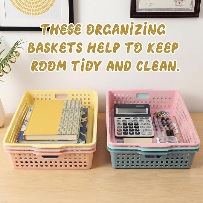 Tenceur 6 Pcs Plastic Classroom Storage Baskets, Pastel Stackable Paper Baskets - Image 5