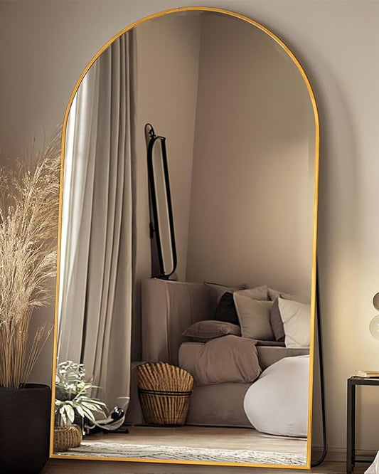 Full Length Mirror, 91"x46" Oversized Floor Mirror Freestanding, Full Body Mirror Floor Standing Mirrors with Stand, Hanging Mounted Mirrors for Bedroom Living Room, Gold, Arched Style-DeskLoop Office