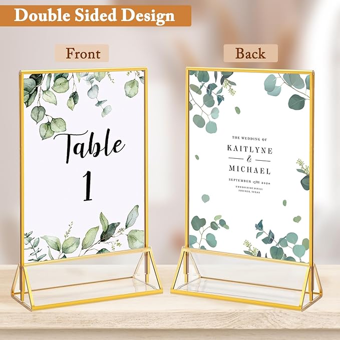 Floroom 2 Pack 5x7 Inch Clear Acrylic Sign Holders, Double-Sided Gold Display - Image 4