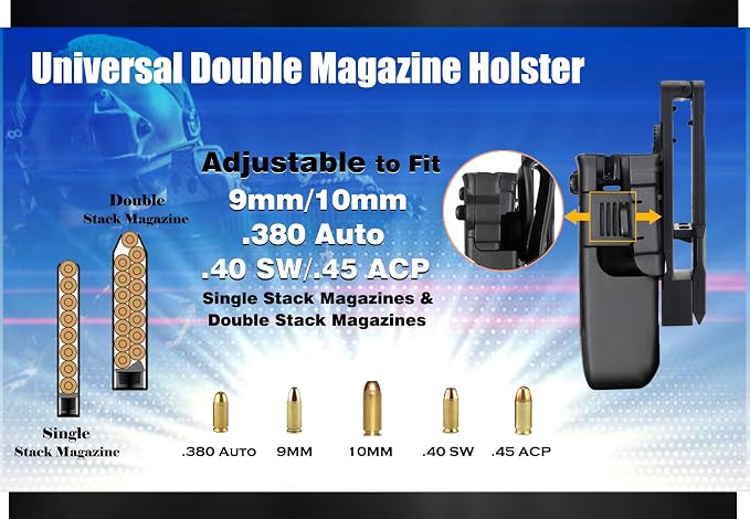 Double Magazine Holster, Universal Magazine Pouch, 9mm/40/45/10mm/380 Mag - Image 5
