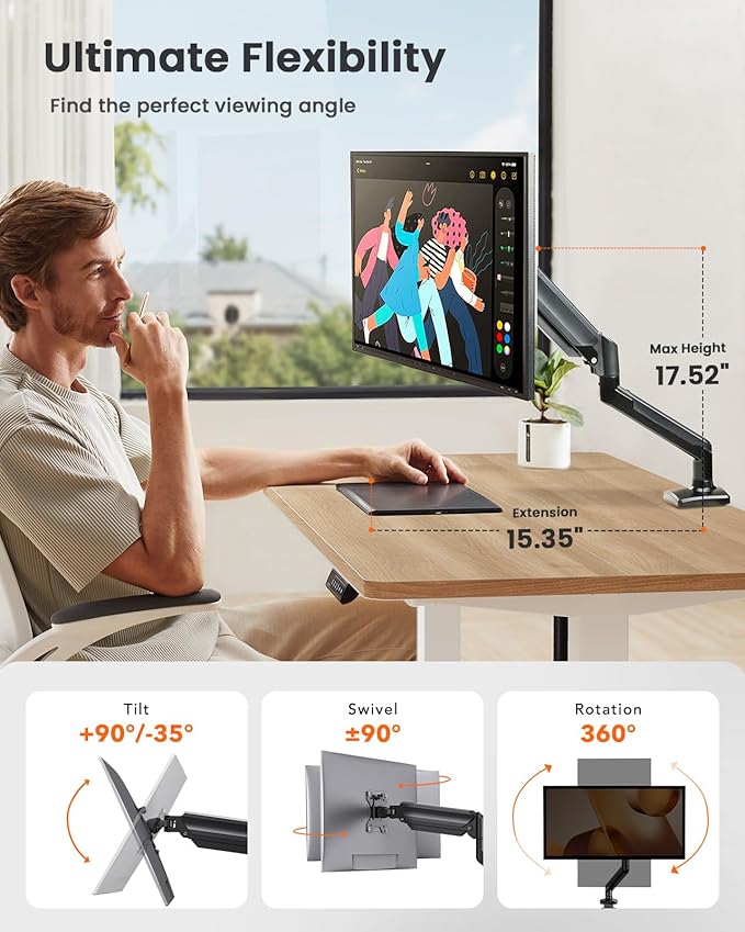 ErGear Single Monitor Arm for 13-34 inch Screens, Adjustable Gas Spring Monitor Mount Holds up to 22 lbs, Computer Monitor Stand with VESA Mount, C-Clamp & Grommet Base, Max VESA 100x100mm,-DeskLoop Office