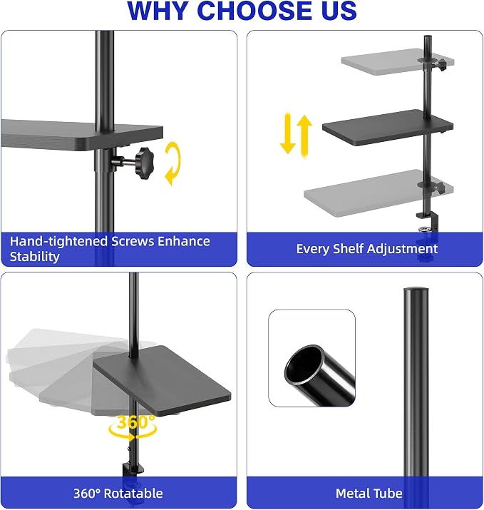 3 Tiers Clamp On Desk Shelf, 360° Angle Adjustable Desktop Shelf Organizer - Image 5