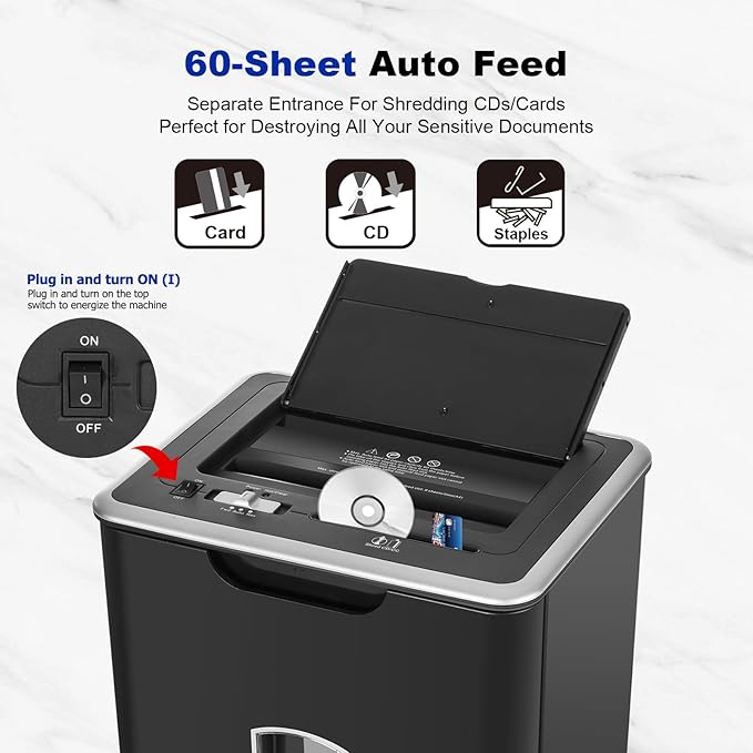 Paper Shredder for Home Office, 60 Sheets Auto Feed, 55dB Super Quiet, P-4 Cross Cut, 2.4m/min High-Speed Shredding, 5.8 Gallon Bin, CD/Credit Card Shredder with Anti-Jam & Dual Modes-DeskLoop Office