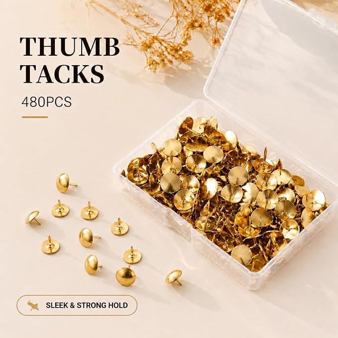 480PCS Gold Thumb Tacks, Flat Push Pins Bulk, Steel Roundness, Needlepoint Tacks - Image 2