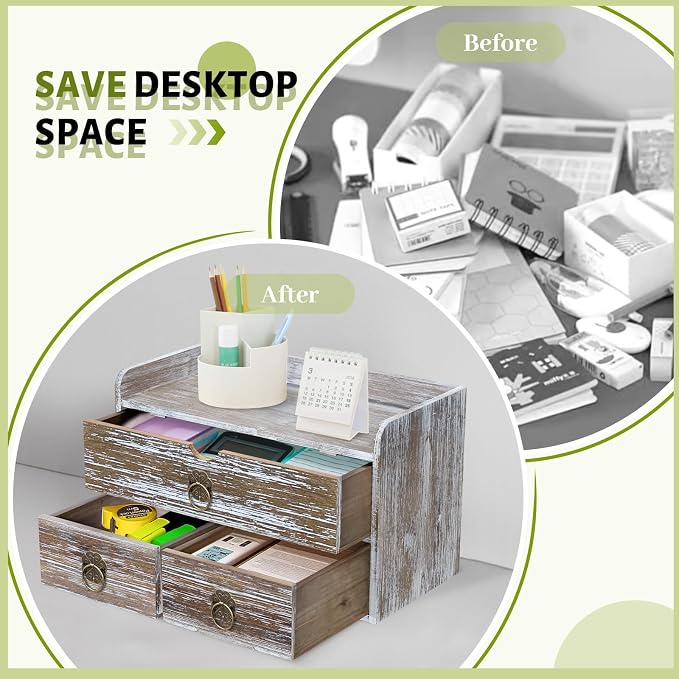 Wood Desk Organizer with Drawer, Washed Brown Wooden Desktop Organizer - Image 6