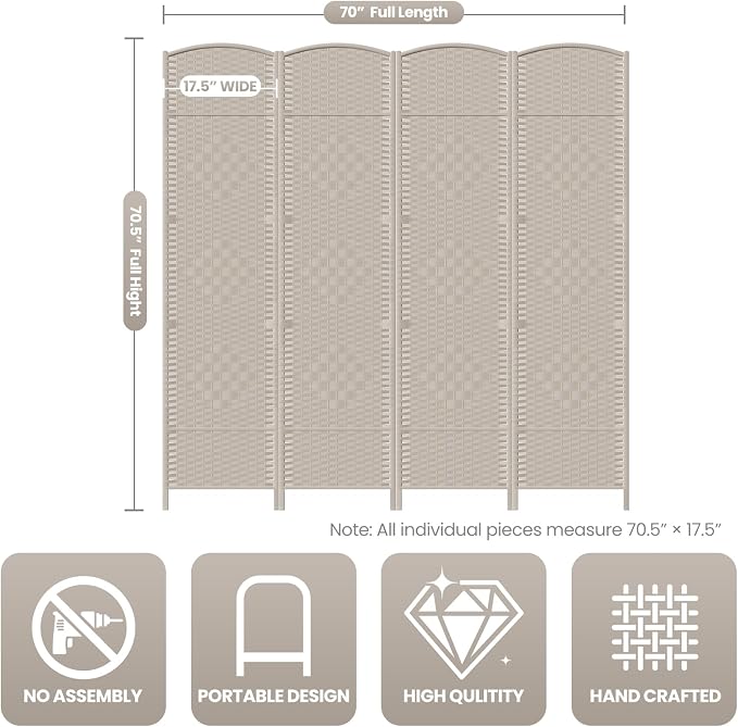 Cocosica 4 Panel Room Divider, 6Ft Folding Privacy Screen, Tall - Image 3