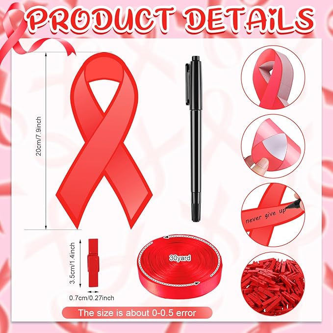 Kosiz 100 Pack Large Red Ribbon Awareness Set 100 Red Ribbon Week Cutouts Drug Free Heart Disease HIV Aids Awareness Items 2 Marker Pens 100 Wooden Clips with Rope for Public Charity Party Supplies-DeskLoop Office