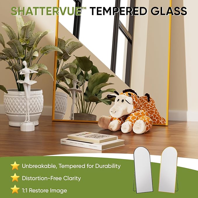 Full-Length Floor Mirror with Stand, 58"x18" Arched Style Full Body Standing Mirror for Bedroom, Living Room, Gym, Dorm - Shatter-Resistant & Easy Assembly, Gold-DeskLoop Office