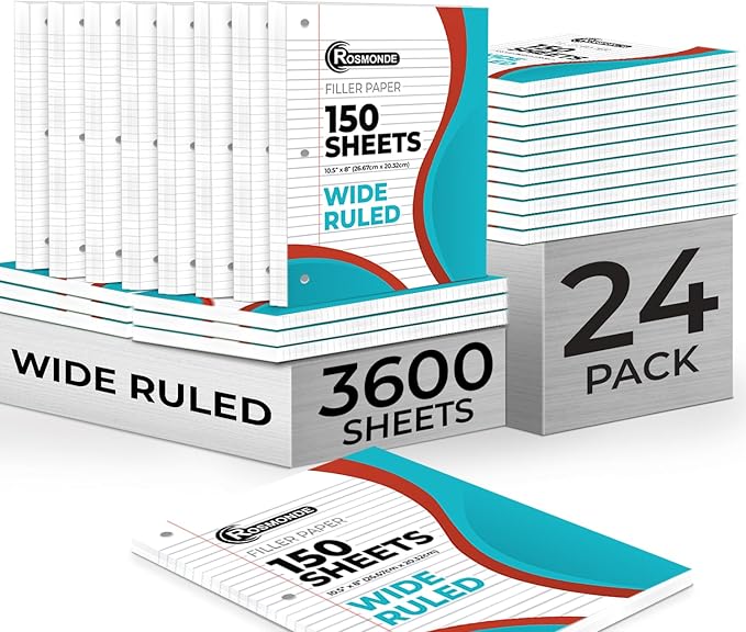 Loose Leaf Paper Bulk, 3600 Sheets, Wide Ruled, 8 x 10.5", Bulk Filler Paper for Office, 56 Gsm Thick Sheets, 3 Hole Punched for Binders, 24 Pack, 150 Sheets/Pack, Notebook Papers, White-DeskLoop Office