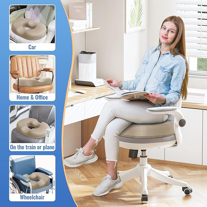 CloudBliss Donut Pillow Seat Cushion Chair Pad for Tailbone Pain Relief and Hemorrhoids, Memory Foam Seat Chair Cushion for Men and Women for Home & Office, (Khaki)-DeskLoop Office