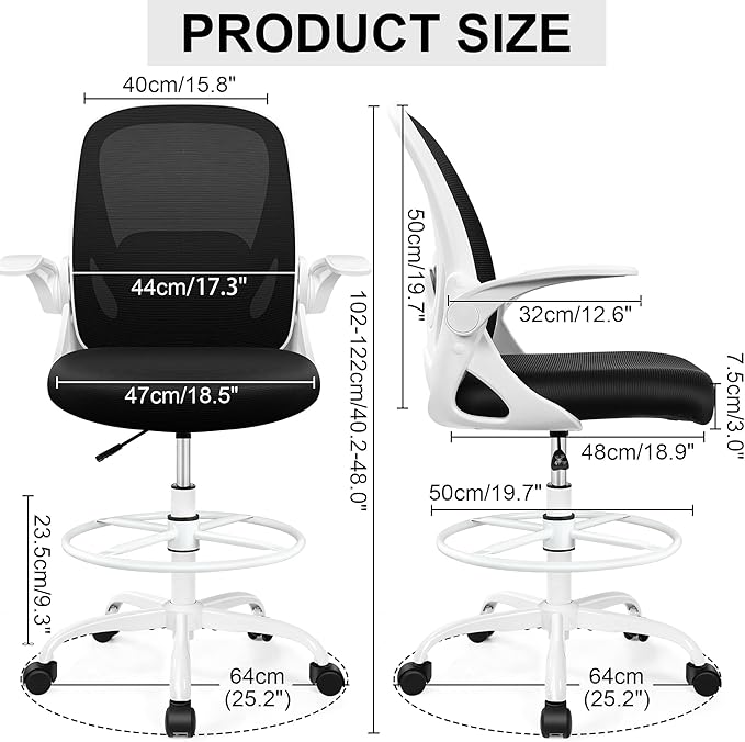 Drafting Chair Tall Office Chair with Flip-up Armrests, Adjustable Height, and Enhanced Lumbar Support - Ergonomic Rolling Stool, Back Support, and Adjustable Foot Rest Ring for Standing Desk White-DeskLoop Office
