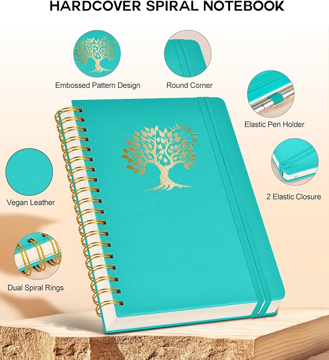 Spiral Notebook Journal for Women Men, 300 Numbered Lined Pages, College Ruled, A5 Hardcover Spiral Bound Notebook for School, Work, Note Taking Writing, Leather Spiral Journal Medium 5.9"x8.5"-DeskLoop Office