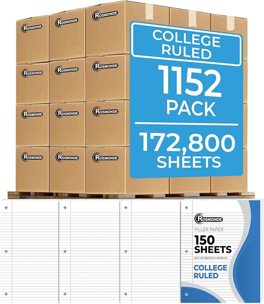 1152 Pack (Pallet) Loose Leaf Paper Bulk, 172800 Sheets,College Ruled, Pallet of Filler Paper, 150 Sheets/Pack, 8 x 10.5",3 Hole Punched, 56 Gsm Thick Sheet, School & Office, 4-7 Days Transit-DeskLoop Office