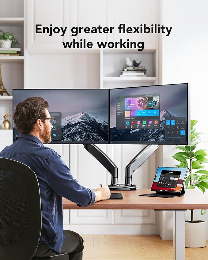 HUANUO Dual Monitor Stand for 13 to 40 inch, Premium Dual Monitor Mount with USB, Height Adjustable Monitor Stand for 2 Monitors, VESA Mount with Clamp/Grommet Base, Each Arm Hold up to 26.4lbs, HNDS7-DeskLoop Office