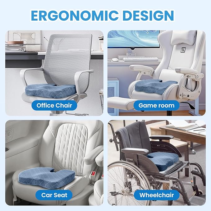 TushGuard Office/Car Seat Cushion, Non-Slip Sciatica & Back Coccyx Tailbone Pain Relief Chair Pad, Memory Foam Butt Pillow for Computer Desk, Wheelchair, Driving (Light Blue, XX-Large)-DeskLoop Office