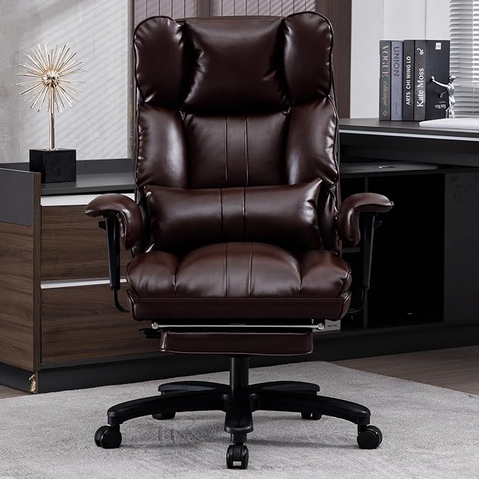 Big and Tall Office Chair 500lbs Wide Seat Executive Office Desk Chair High-Back Office Task Chair with Foot Rest, Ergonomic Lumbar Support Computer Office Chairs for Heavy People(Brown)-DeskLoop Office