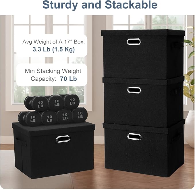 Large 17" 36 Quart Collapsible Stackable Storage Bins with Lids, 5 Packs Black Linen Fabric Closet Boxes with Lids, Storage Cube Baskets Container Organizers for Bedroom Office(17 x12 x11)-DeskLoop Office