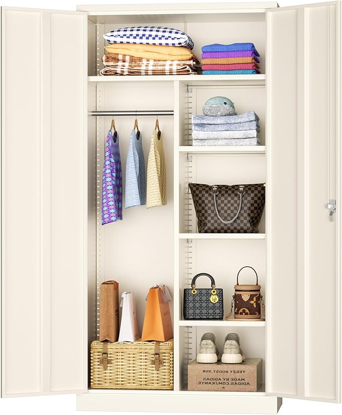 INTERGREAT Metal Storage Cabinet with Lock,72 Tall Armoire Wardrobe Closet with Doors,Cream Grey Storage Closet Cabinet with Adjustable Shelves and Removable Hanging Rods-DeskLoop Office