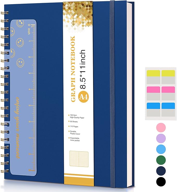 Graph Paper Notebook, Spiral Notebook Journal 8.5” x 11”, A4 Large Grid Notebooks for Women Men, 100 GSM Graph Paper, Plastic Hardcover Spiral Graphing Journals for Work School Engineering, Navy-DeskLoop Office